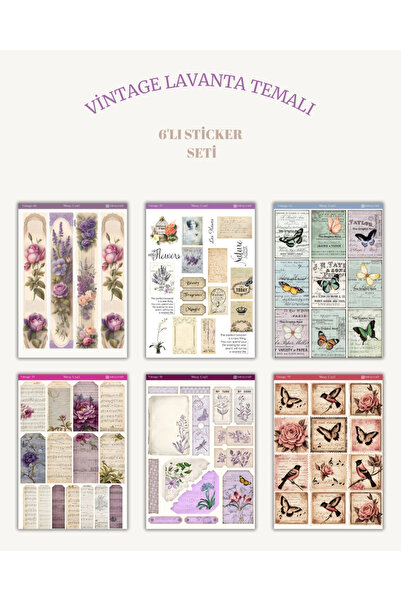 MirayDesign 6’lı Vintage Lavanta Temalı Sticker Seti–12x17 cm| Bullet Journal...