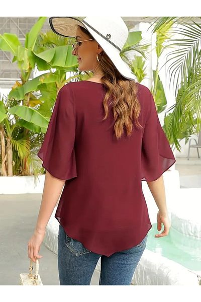 REKA MODA Women's Short Slit Sleeve Round Neck Chiffon Blouse