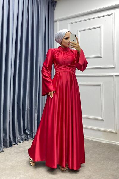 dubai showroom Bel Bağlamalı Saten Elbise Kırmızı