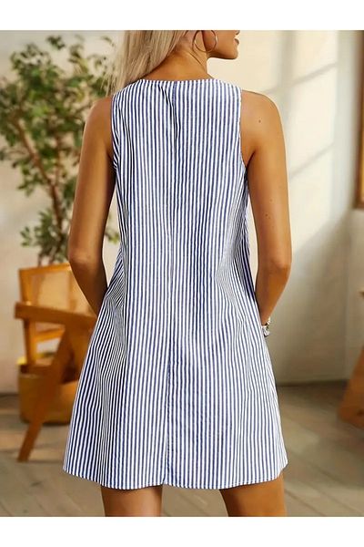 Viyamo Rochie mini din poplin cu dungi pentru femei, cu detaliu de buzunar, cu decolteu, cu curea