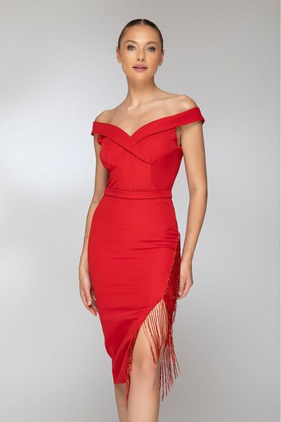 Atmosphere Fashion Red midi dress with fringes