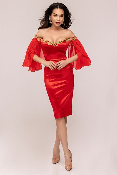 Atmosphere Fashion Red dress with veil sleeves and embroidery