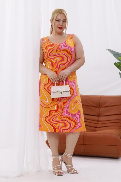 Madwilo Women's Orange Pink Marbling Pattern Strap Plus Size Dress