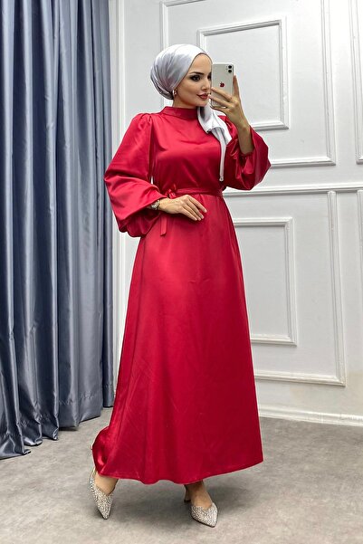 dubai showroom Balon Kol Saten Elbise Kırmızı