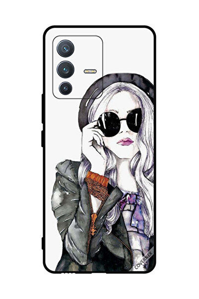 Covernex غطاء حماية لهاتف فيفو V23 برو، أسود، زجاجي، بتصميم فتاة لطيفة