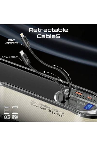 Promate Multifunctional Car Organizer with Powerful 65W Charging Station