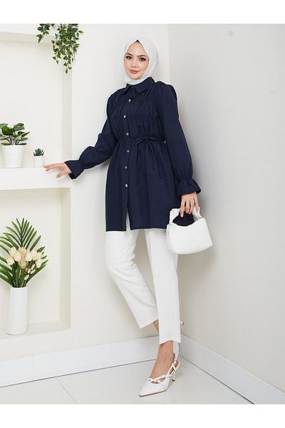 HARMAN BUTİK Women's Buttoned Navy Blue Shirt with Lace Detail