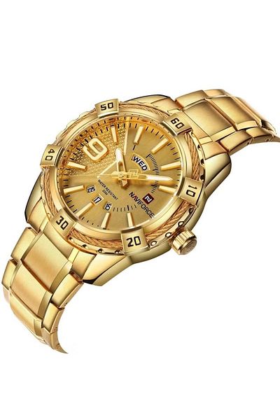 Naviforce Stylish Mens Quartz Watch with Gold Dial Stainless Steel Strap Analog Display Water Resistant