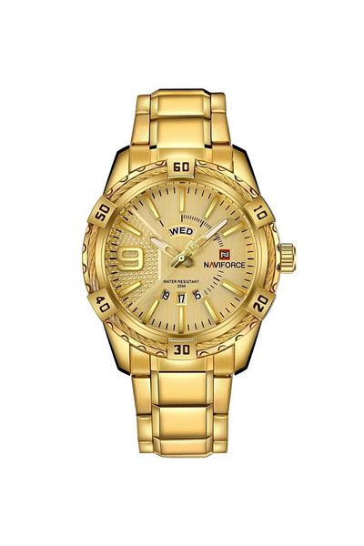 Naviforce Stylish Mens Quartz Watch with Gold Dial Stainless Steel Strap Analog Display Water Resistant