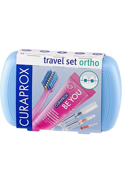 Curaprox Travel Set Ortho Blue I Includes CS 5460 Travel Toothbrush, 10ml Be You Toothpaste, CPS Pri