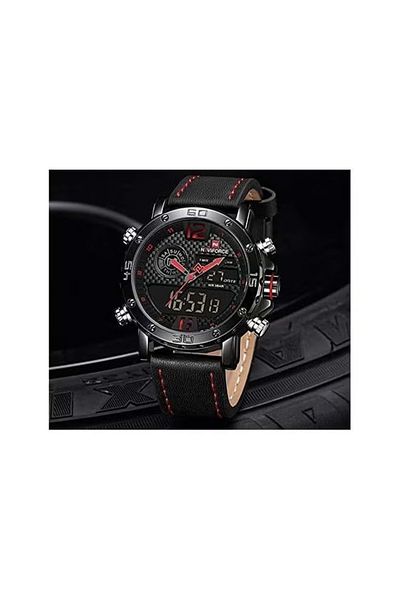 Naviforce Mens Waterproof Sport Watches Leather Digital Analog Watch Luxury Casual Dual Time Wristwatch