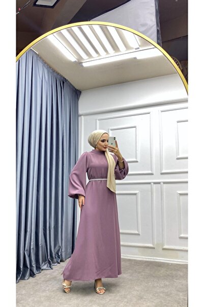 dubai showroom Kemeri inci detaylı balon Kol Elbise Gül kurusu