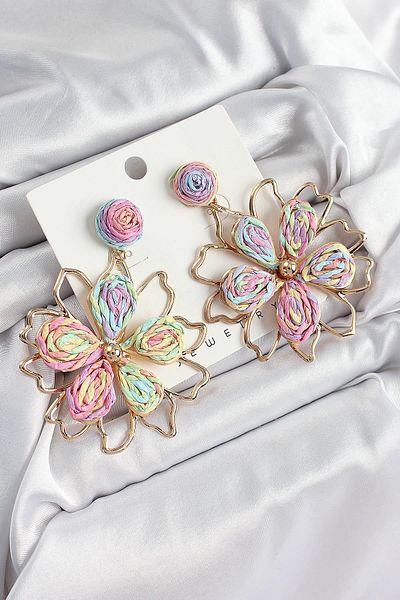 Celira Brass Rainbow Flower Model Gold Color Women's Straw Earrings