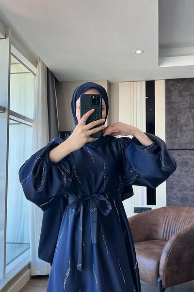 dubai showroom Üzeri Taş Detay Saten Elbise Lacivert