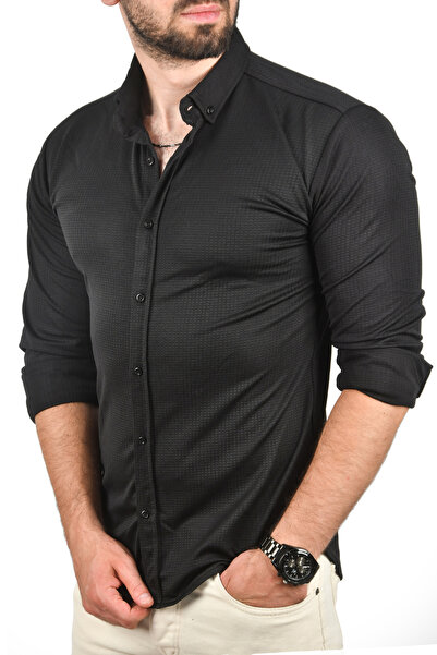 DeepSEA Ανδρικό μαύρο Slim Fit Slim Fit Βαμβακερό αθλητικό πουκάμισο Jacquard Fabric Lycra πουκάμισο 2500552