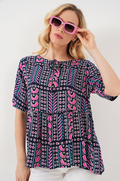 Bigdart Women's Patterned Short Sleeve Blouse 969 - Navy Blue