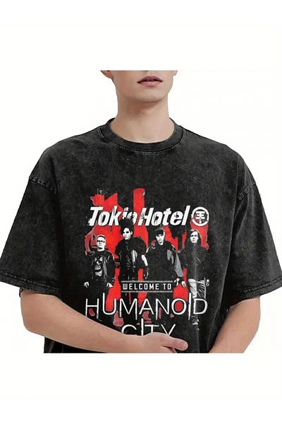 Touz Moda Τόκιο Χοτέλ Εντυπωμένη Πλυμμένη Βιντάζ Ασύμμετρη Unisex T-Shirt