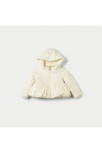 Juniors All-Over Heart Print Hooded Heavy Jacket with Long Sleeves