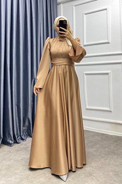 dubai showroom Bel bağlamalı Saten Elbise Caramel