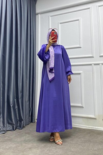 dubai showroom Balon Kol Saten Elbise Lila