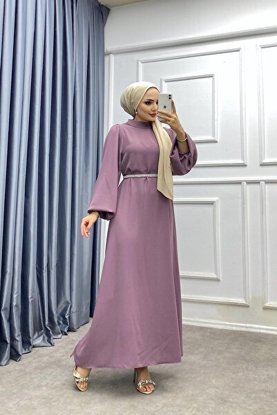 dubai showroom Kemeri inci detaylı balon Kol Elbise Gül kurusu