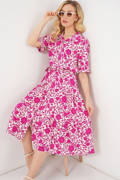 Bigdart Women's Short Sleeve Patterned Dress 2560 - Fuchsia