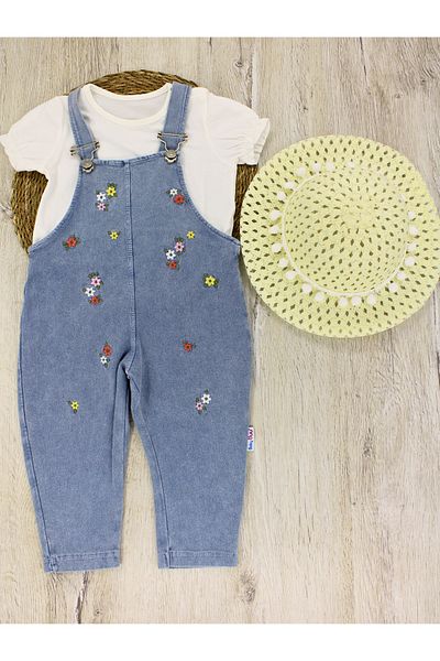 EYMİRGİYİM White Straw Hat, Floral Salopet Baby Girl Kids 3 Piece Set 6/9 Months, 9/12 Months, 12/18 Months, 18/24 Months