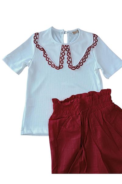 Kamex Lace Collar T-Shirt & Lace Armor Detail Girl's Shorts Set