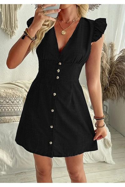 Little Visqon Women's ruffle sleeve v neck button down linen dress