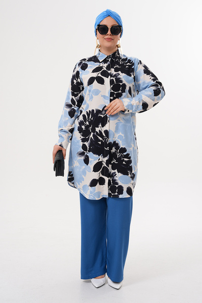 Polologin Butik تونيكيه كريمي منقوش بالزهور باللون الأسود والأزرق