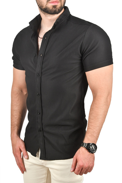 DeepSEA Ανδρικό μαύρο Slim Fit Lycra αθλητικό πουκάμισο Slim Fit Jacquard υφασμάτινο κοντομάνικο πουκάμισο 2500804