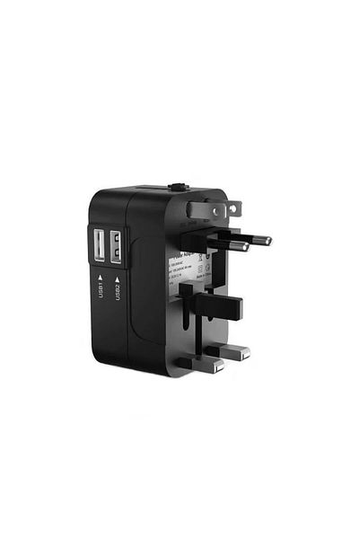 DexXer Universal travel charger adapter with 2xUSB for EU, USA, UK, AUST, Black