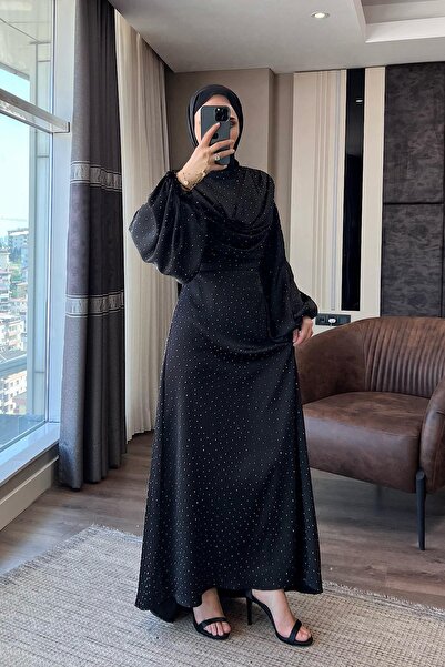 dubai showroom Degaje Yaka Taşlı Saten Elbise Siyah
