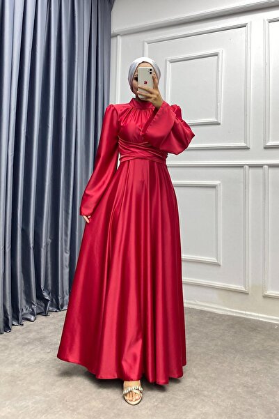 dubai showroom Bel Bağlamalı Saten Elbise Kırmızı