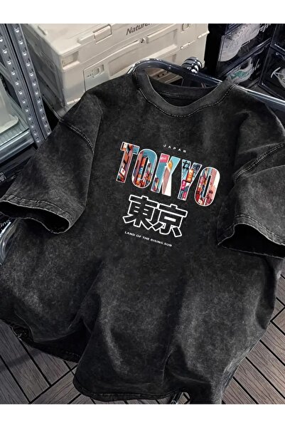 Touz Moda Τόκιο Τυπωμένο Πλενόμενο Vintage Unisex Oversized T-Shirt