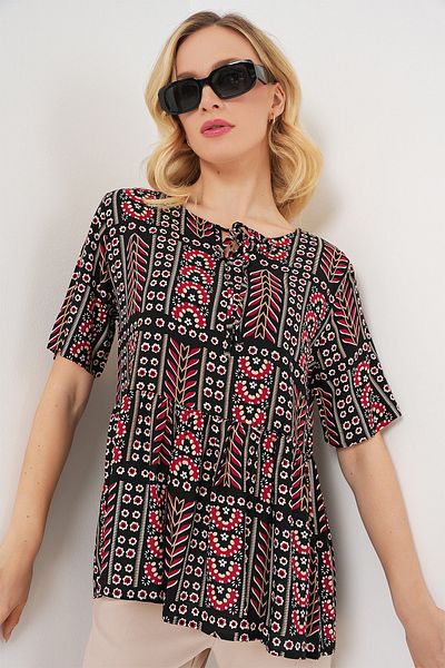 Bigdart Women's Patterned Short Sleeve Blouse 969 - Black