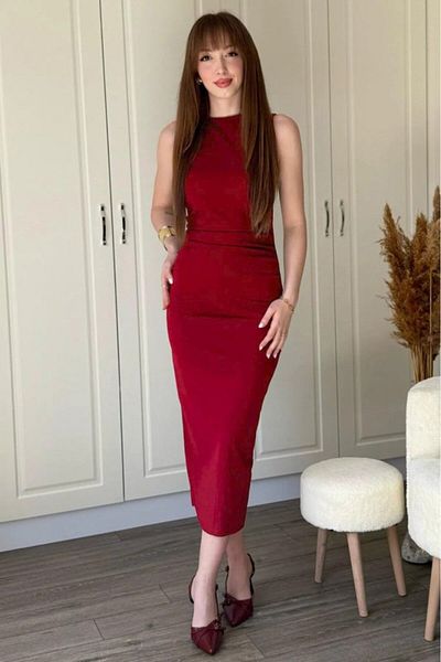 MODA Ahes Shopping Women's Zero Sleeve Zero Neckline Drape Detail Midi Janjan Crepe Dress