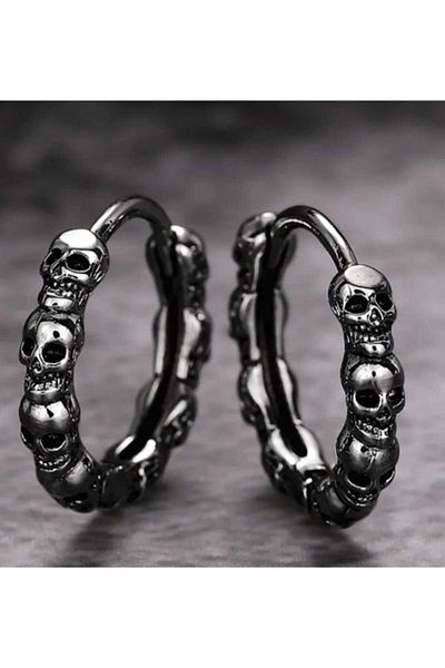 sarıyer silver Skull Model Minimal Stylish Gothic Design Black Color Steel Hoop Earrings Suitable for Daily Use