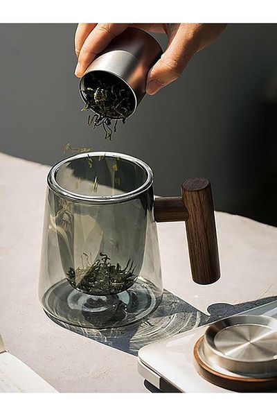 Qerhome Borosilicate Glass Glass Mug with Wooden Handle and Wooden Lid Glass Strainer 440 ml