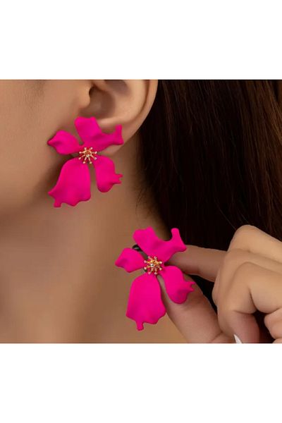 SE Jewellery Collection Selin Ersoy Women's Fuchsia Color Flower Shaped Earrings – 4.5 cm Gold Detailed Stylish Model