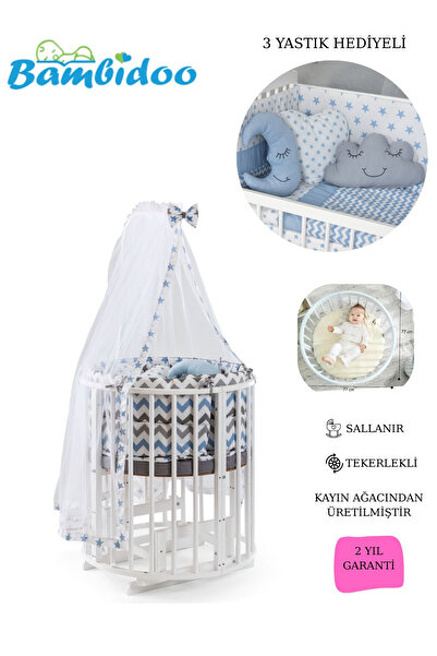 BamgidooMobilya Bamgidoo Sallanabilir Tekerlekli Yuvarlak (SEPET) Ahşap Bebek Beşik - Mavi Yıldız 3 Yastık Hediyeli