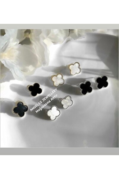 ANGELSS JEWELLERY Yonca Model Küpe Siyah Beyaz Gold Gümüş Rengini Seçiniz f Küpe (Yonca Küpe)