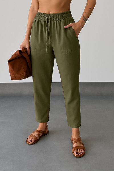 owwon Women's Khaki High Waist Elastic Waist Balloon Model Linen Trousers
