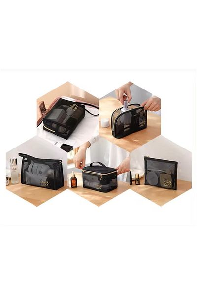 OEM Set 5 pieces mesh makeup bags with zipper, Black