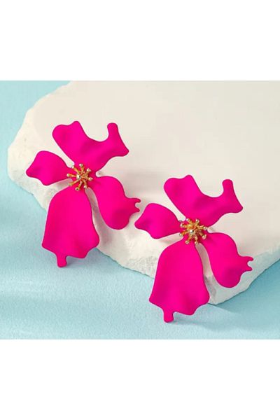 SE Jewellery Collection Selin Ersoy Women's Fuchsia Color Flower Shaped Earrings – 4.5 cm Gold Detailed Stylish Model