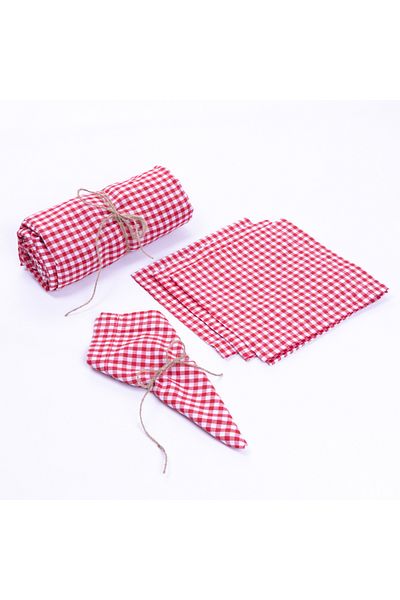Bimotif 5-Piece Gingham Picnic Set, Tablecloth and 4 Napkins Red (120X120 cm)
