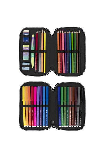 Milan Double Pencil Case, Milan, 34 Pieces, Black-Green, 19.5 x 13 x 5 cm