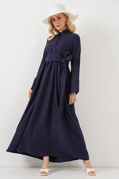 Bigdart Women's Tie Front Linen Dress 2574 - Navy Blue