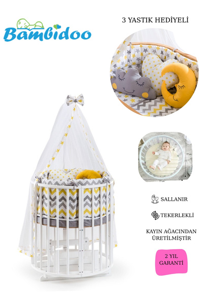 BamgidooMobilya Bamgidoo Sallanabilir Tekerlekli Yuvarlak (SEPET) Ahşap Bebek Beşik -sarı Yıldız 3 Yastık Hediyeli