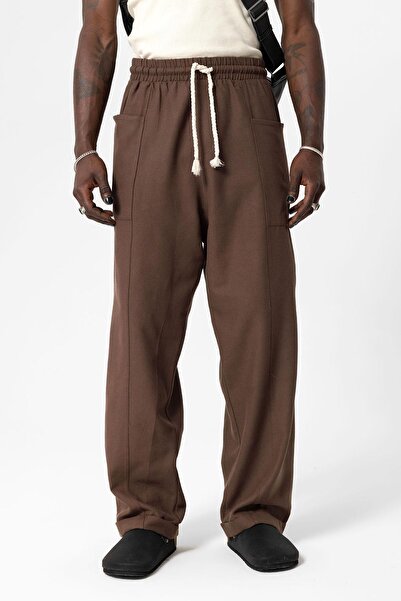 VAMOSCLO Yan Cepli Baggy Keten Pantolon Kahve